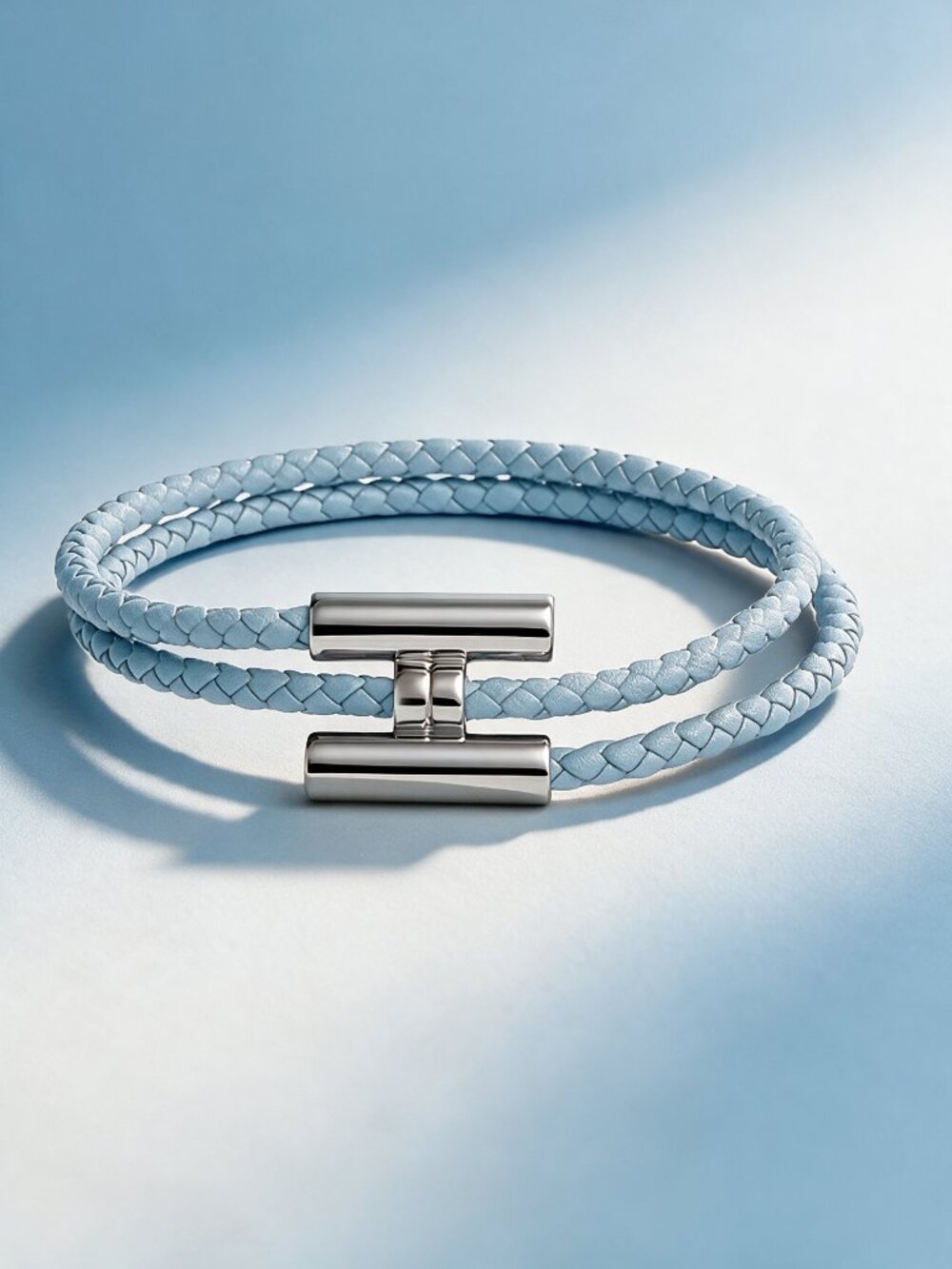 Light Blue Braided Leather Wrap Bracelet – Silver-Tone H Clasp (ONE)